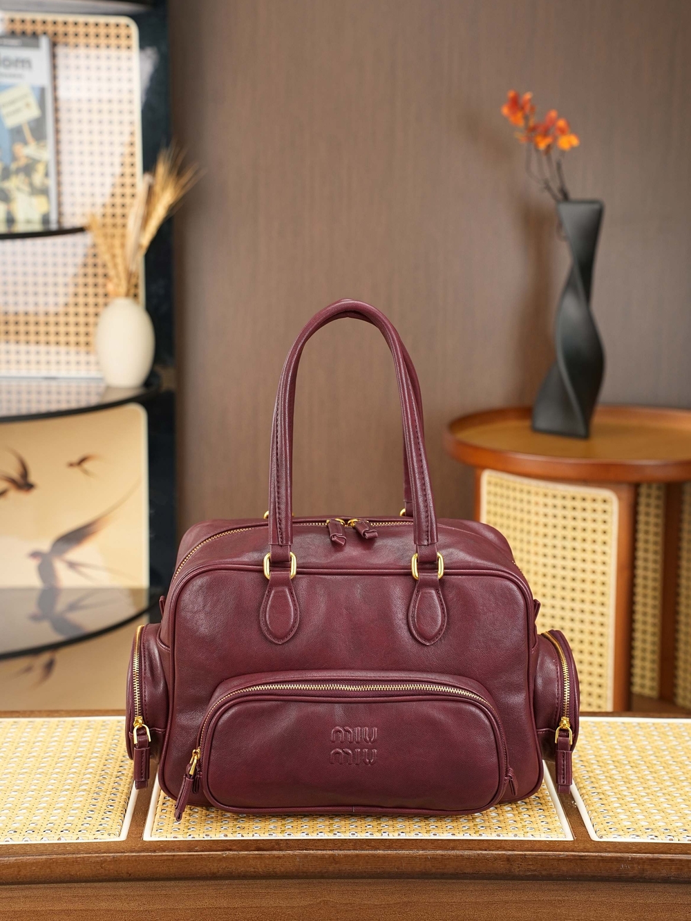 Miu Miu Burgundy Leather Tote with Gold-Tone Hardware